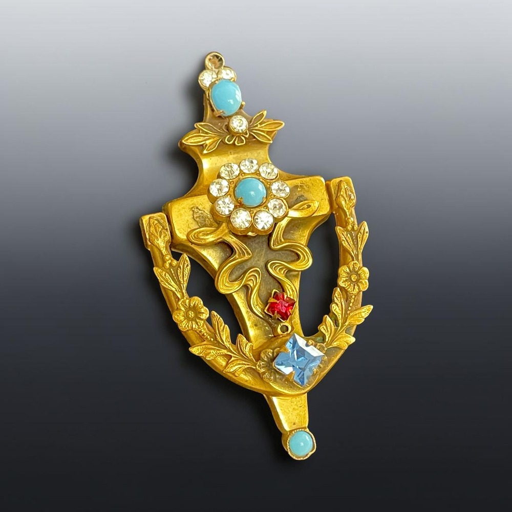 Coro Gene Verrecchio Door Knocker Brooch Articulated Gold Tone Blue Red Stones